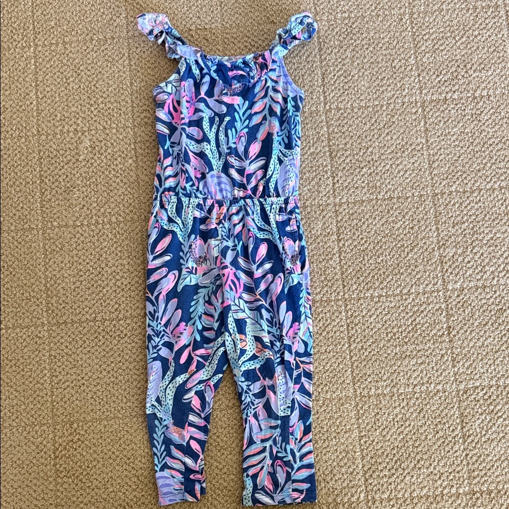 Lilly Pulitzer Navy Floral Jumpsuit - Pink & Light Blue Leaf Print size XS